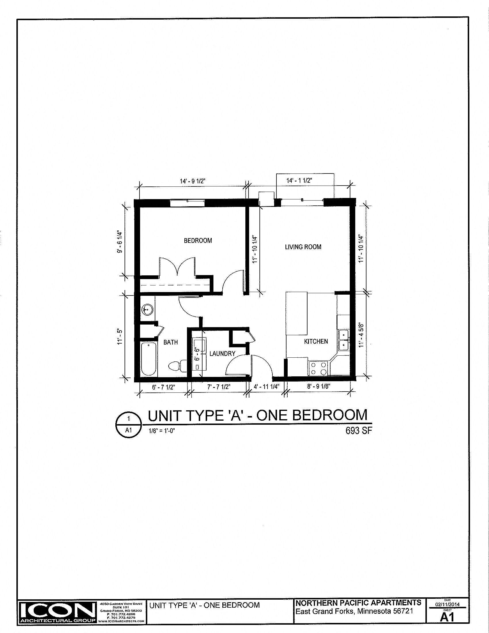 Floor plan for 1 bed, 1 bath, 693 sqft